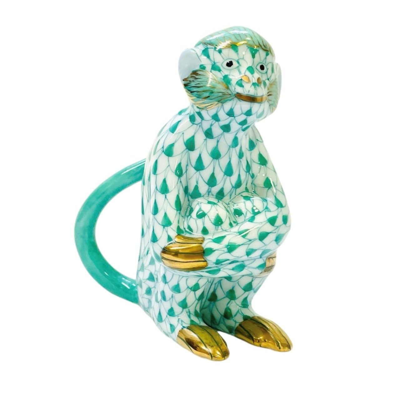 Herend Monkey Hugging Knees Fishnet Figurine