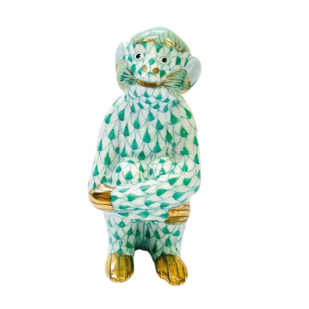 Herend Monkey Hugging Knees Fishnet Figurine