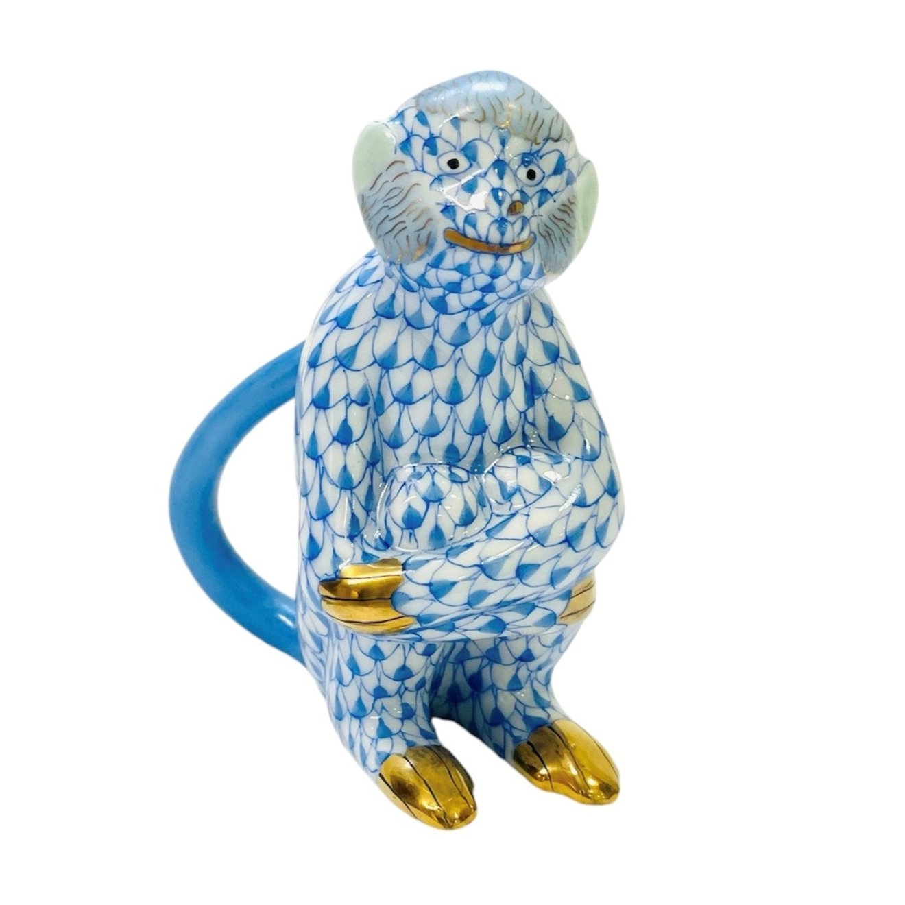 Herend Monkey Hugging Knees Fishnet Figurine