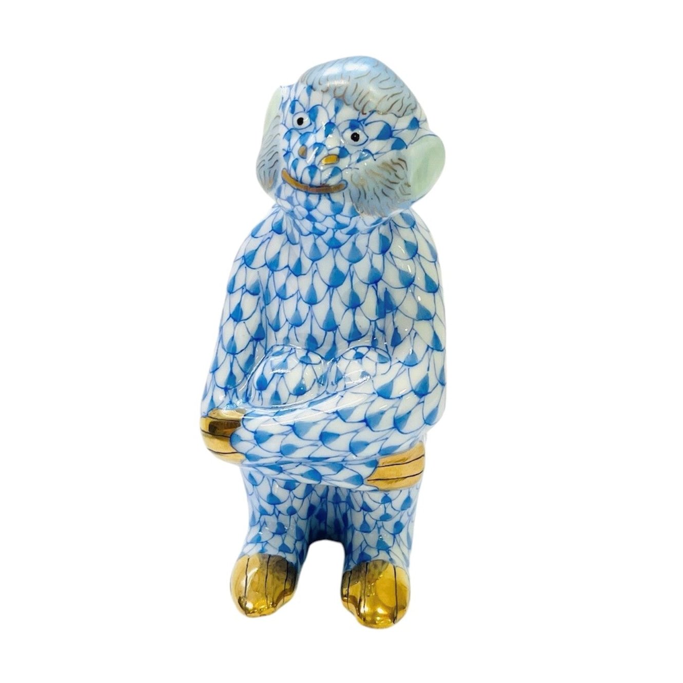 Herend Monkey Hugging Knees Fishnet Figurine