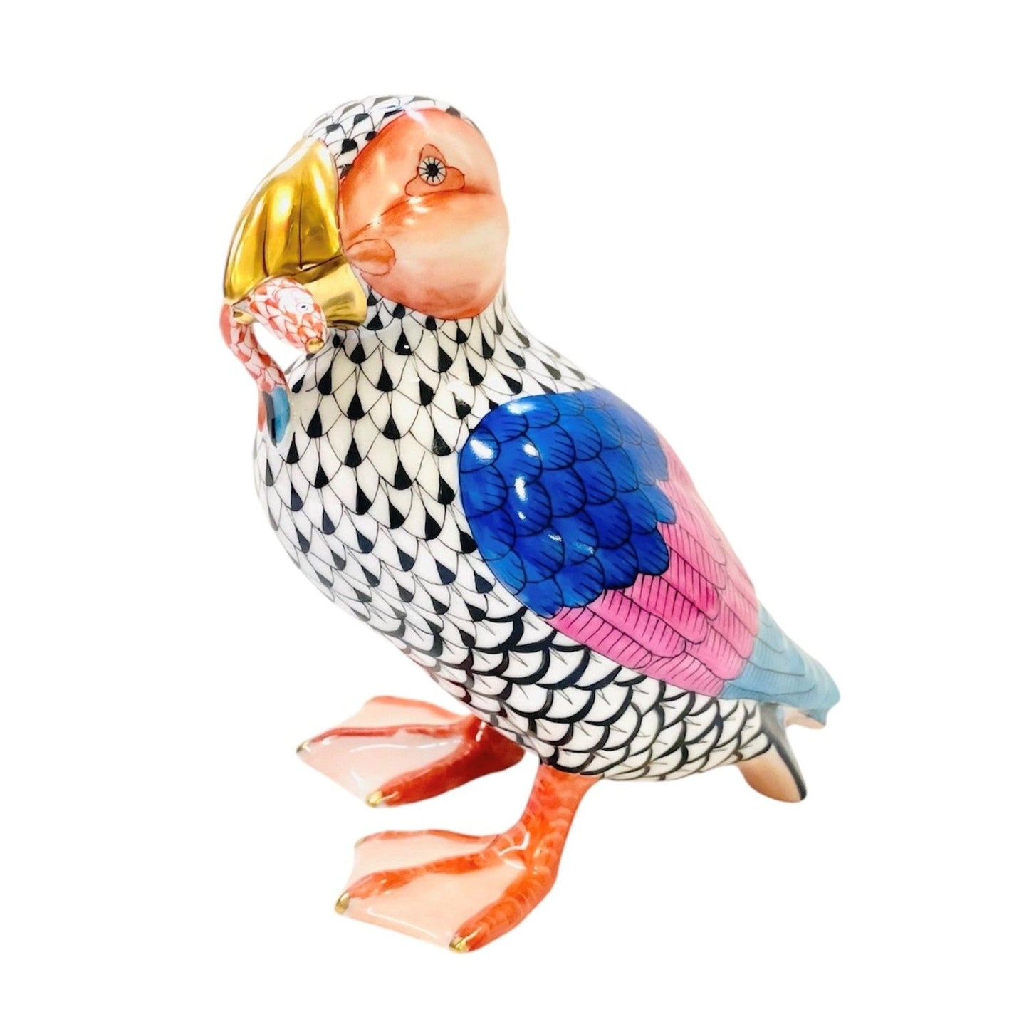 Herend Puffin With Fish Fishnet Figurine