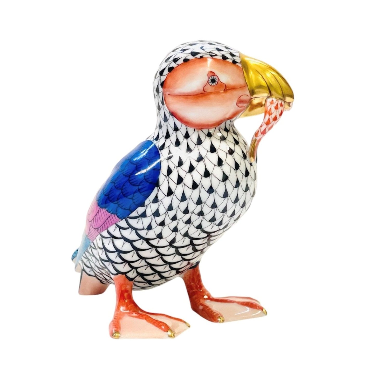 Herend Puffin With Fish Fishnet Figurine