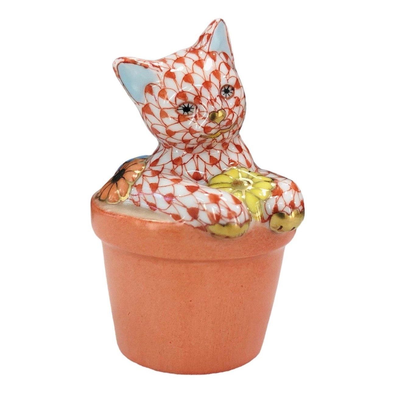 Herend Cat in Flower Pot Fishnet Figurine