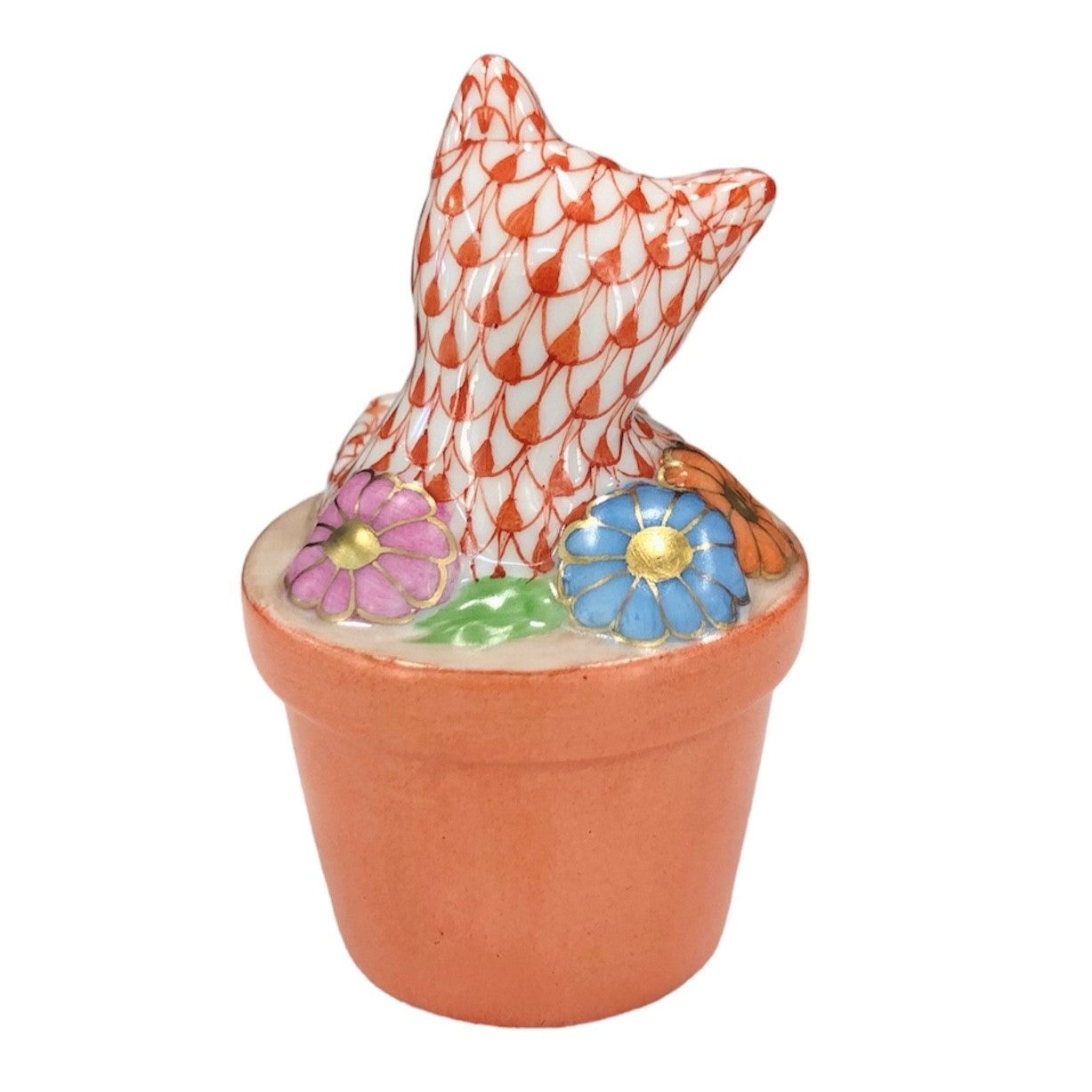 Herend Cat in Flower Pot Fishnet Figurine
