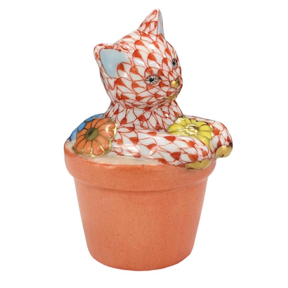 Herend Cat in Flower Pot Fishnet Figurine