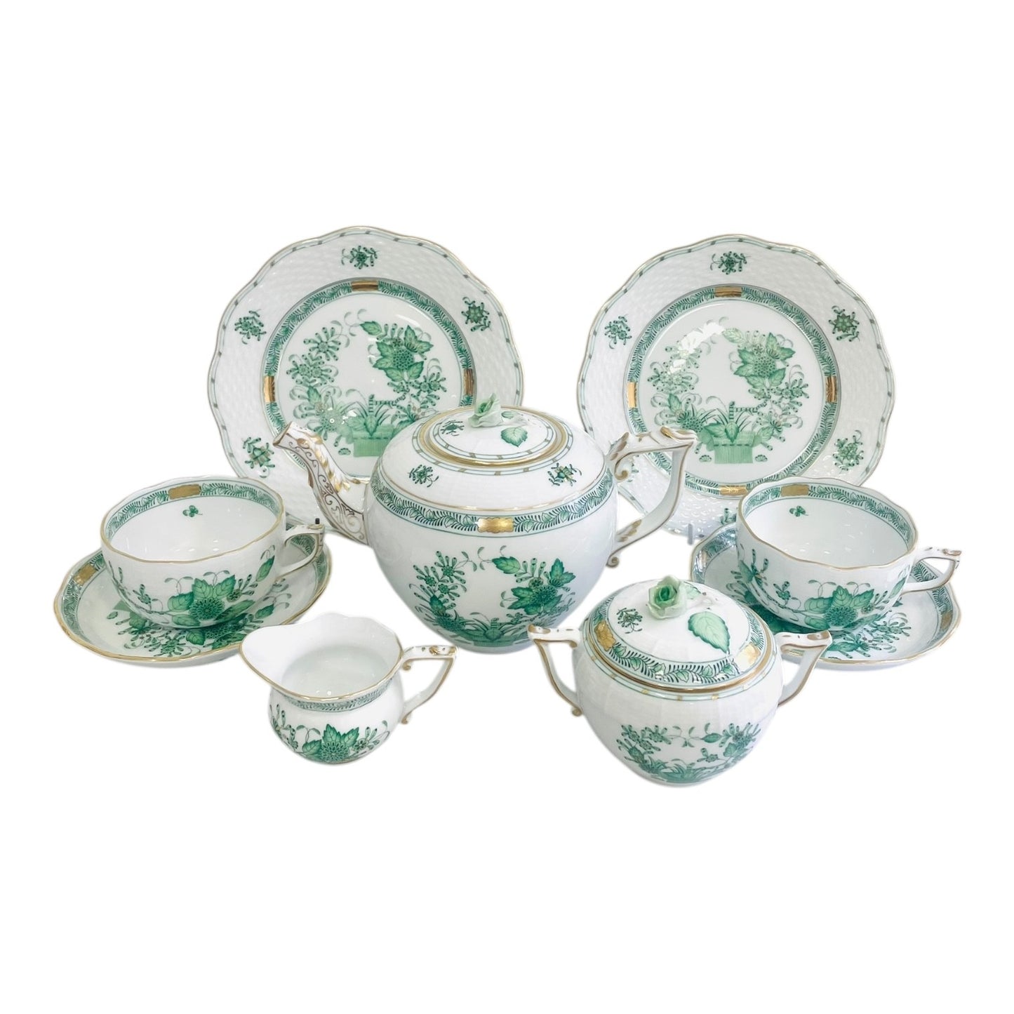 Herend Indian Flower Green, Tea Set for Two, 9 Pieces