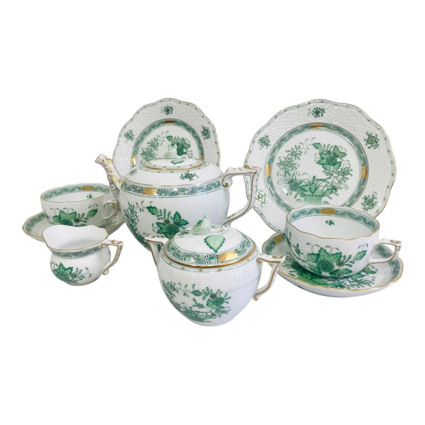 Herend Indian Flower Green, Tea Set for Two, 9 Pieces