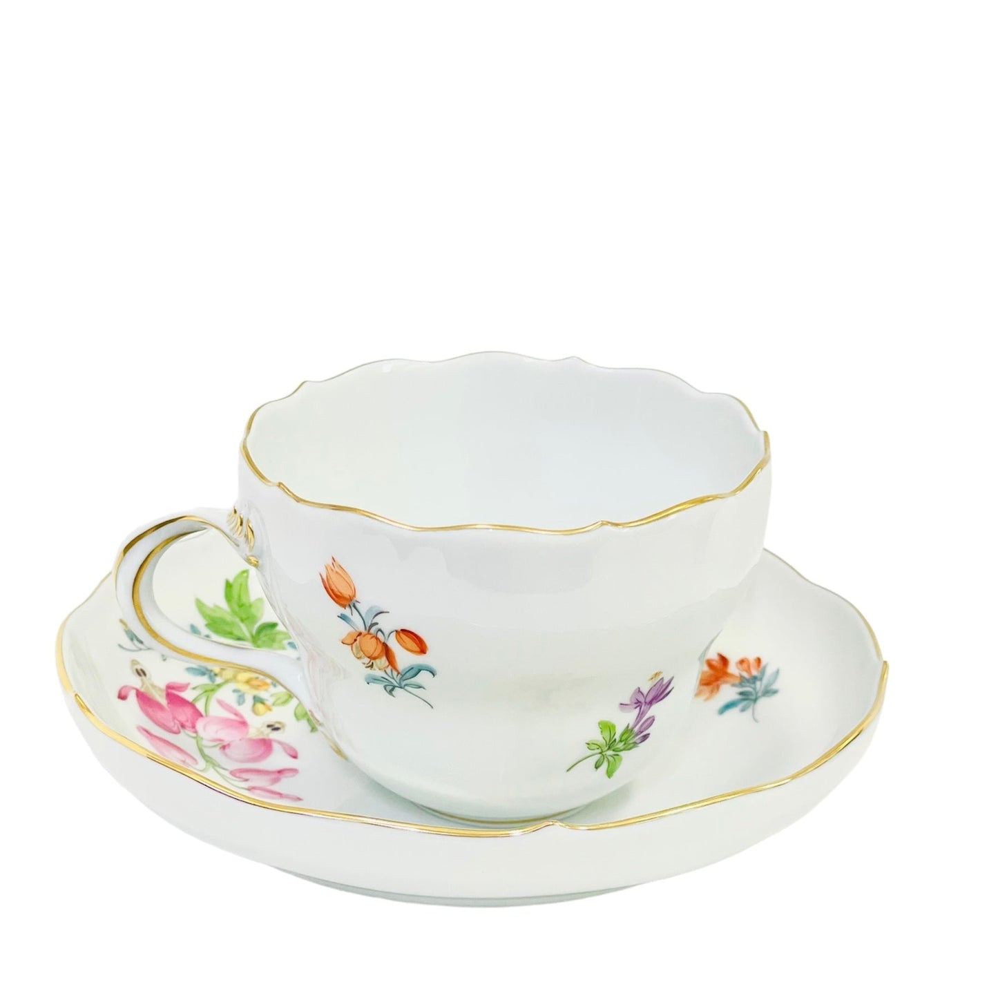 Meissen Coffee Cup & Saucer, Pink Flower