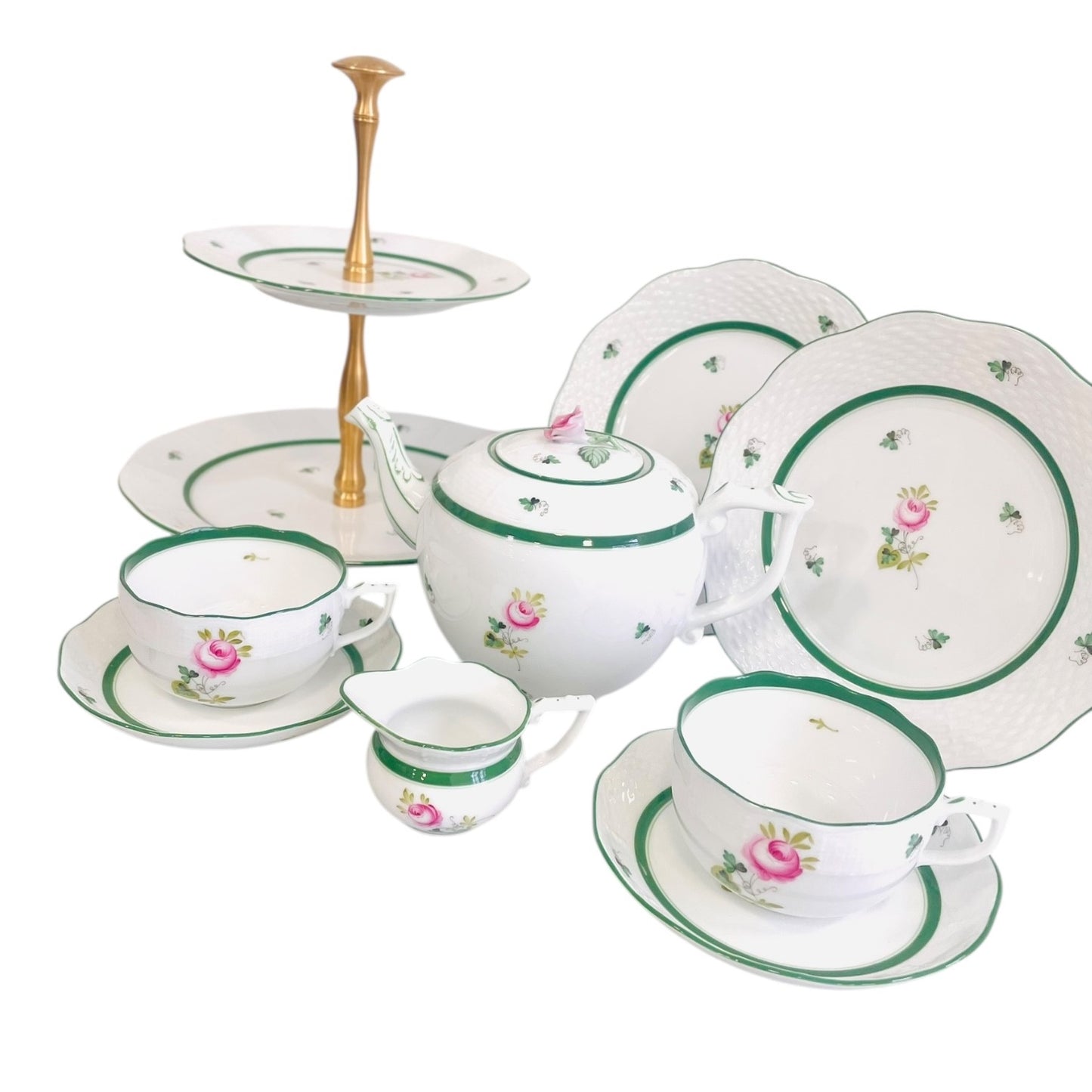 Herend Vienna Rose Afternoon Tea Set for Two, 9 Pieces