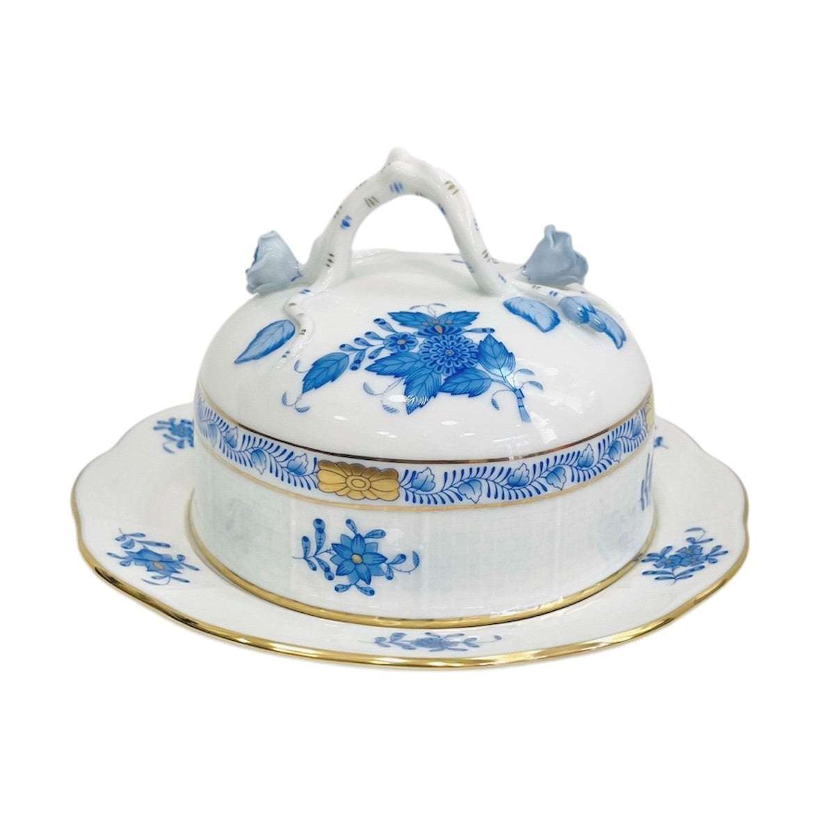 Herend Apponyi Blue Butter Dish with Branch Knob