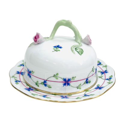 Herend Cornflower Garland Butter Dish with Branch Knob