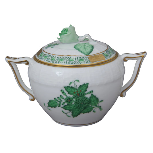Herend Apponyi Green Sugar Bowl with Rose Knob