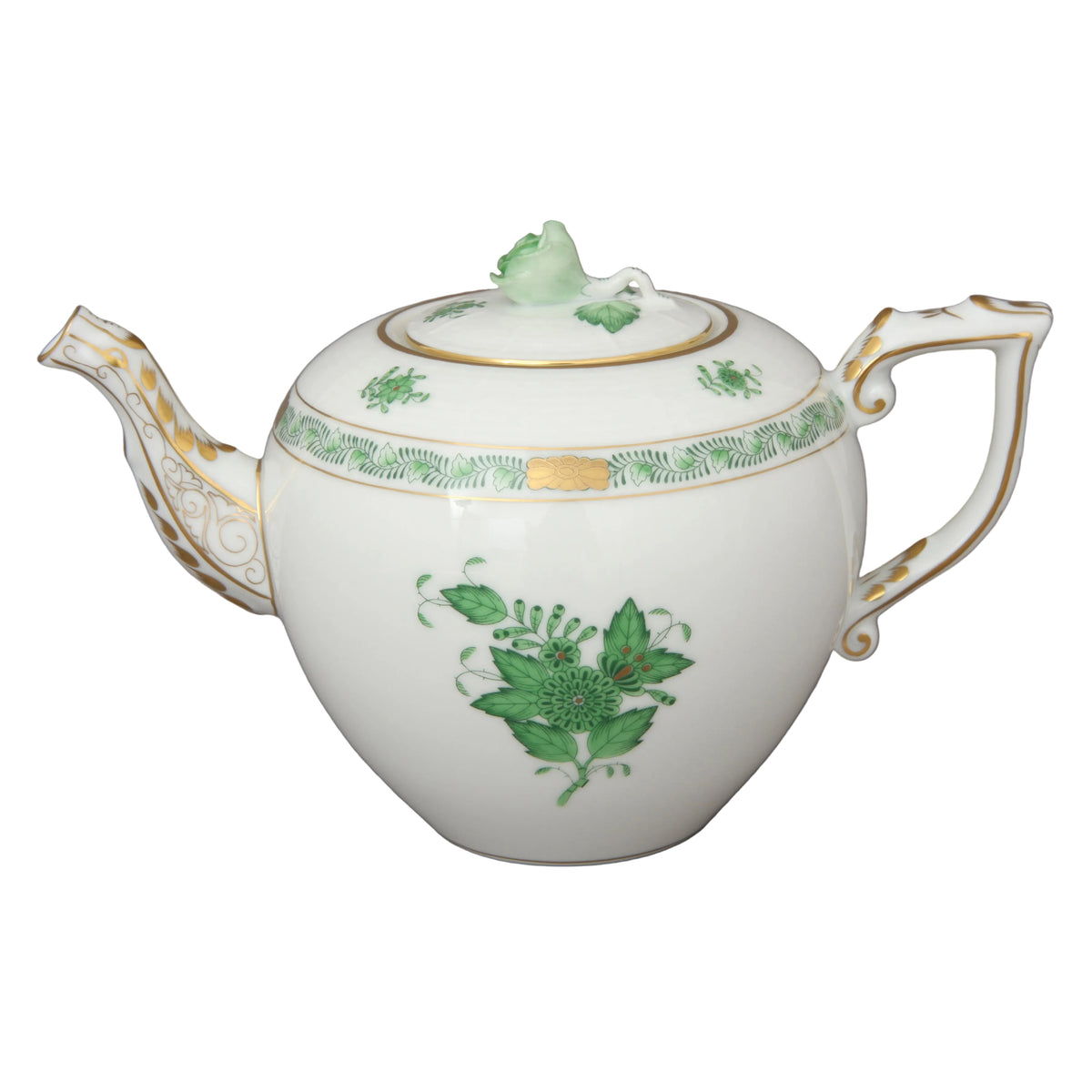 Herend Porcelain Apponyi Green Teapot with Rose Knob