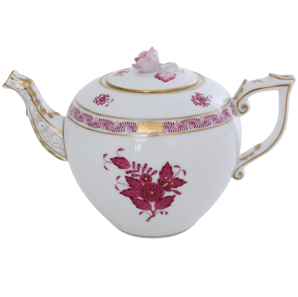 Herend Porcelain Apponyi Pink Teapot with Rose Knob