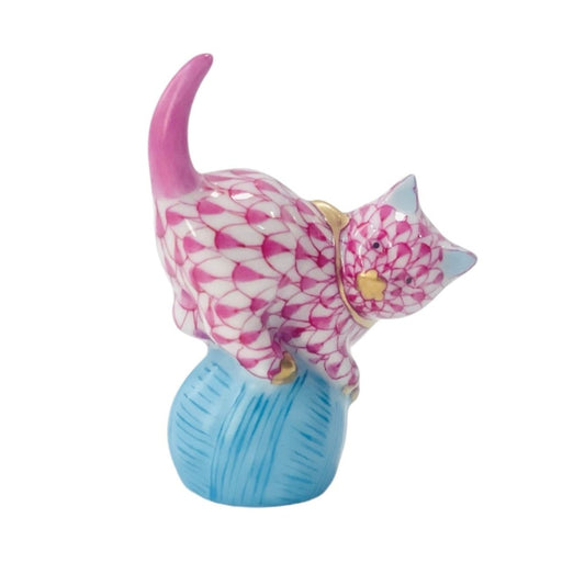 Herend Cat on Ball Fishnet Figurine