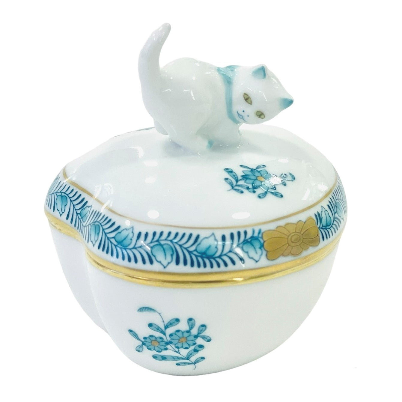 Herend Apponyi Turquoise Bonbonniere with Cat