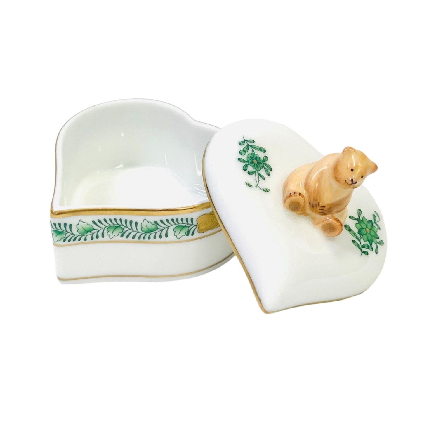 Herend Apponyi Green Heart-shaped Bonbonniere with Teddy