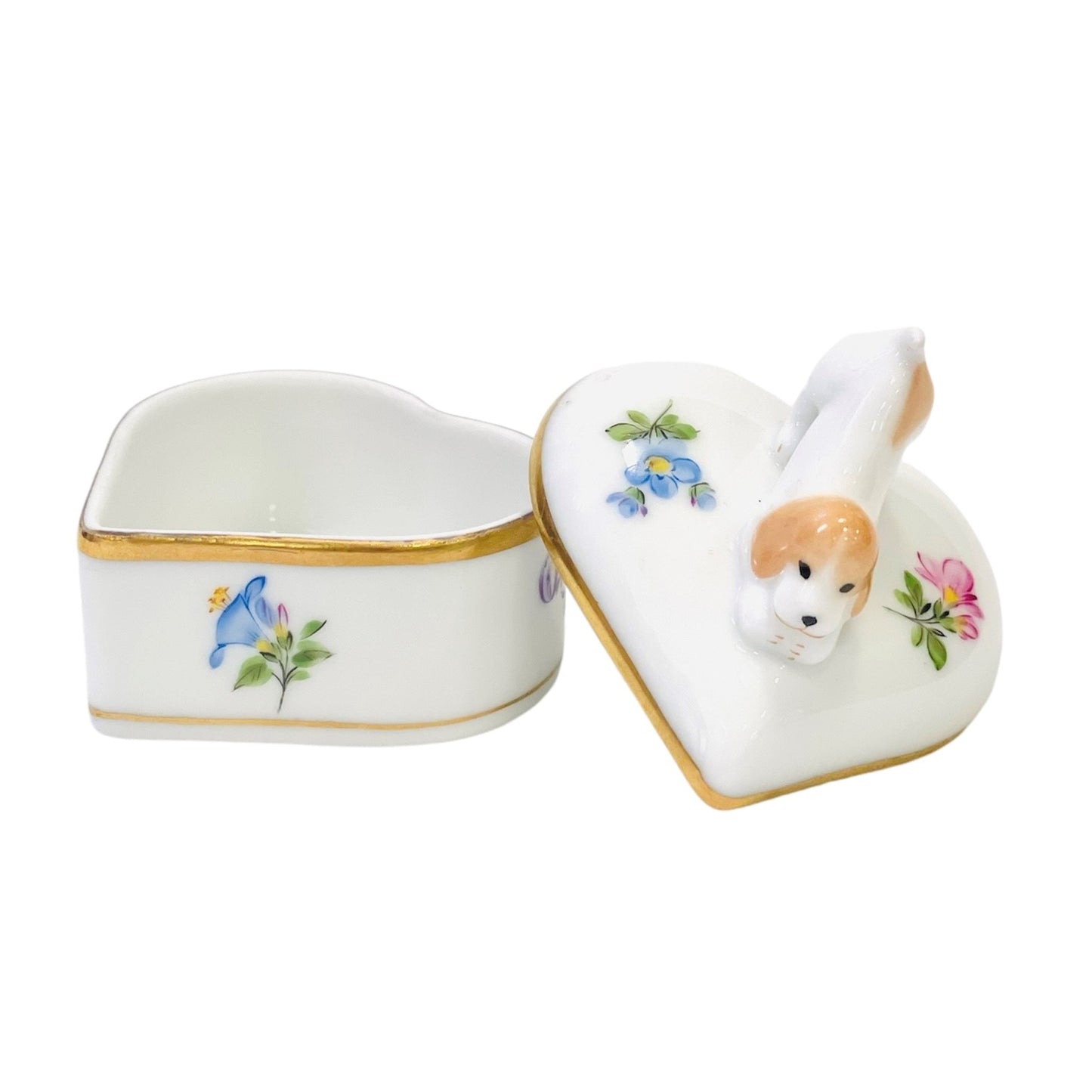 Herend Mille Fleurs Heart-shaped Bonbonniere with Dog