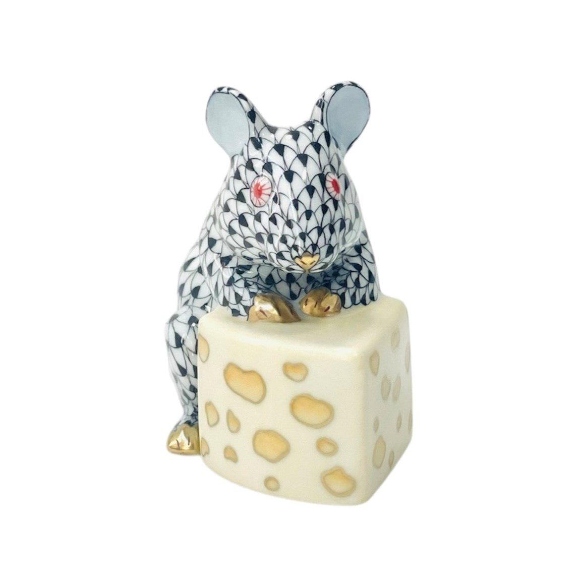 Herend Mouse on Cheese Fishnet Figurine