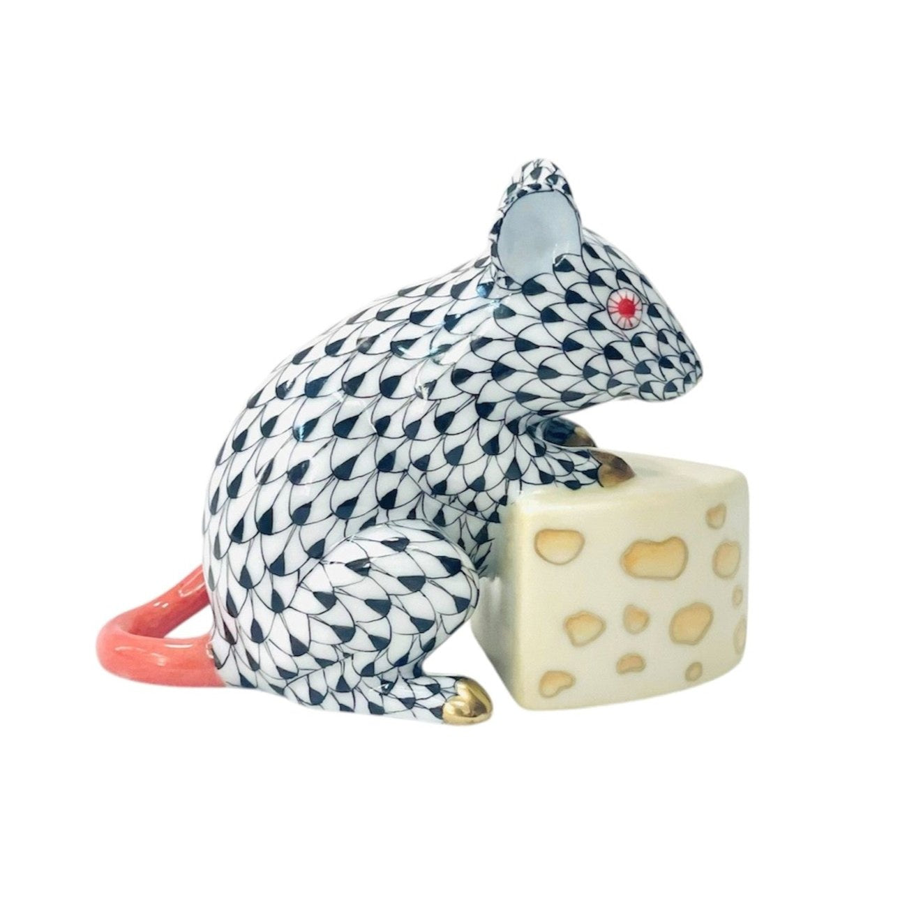 Herend Mouse on Cheese Fishnet Figurine