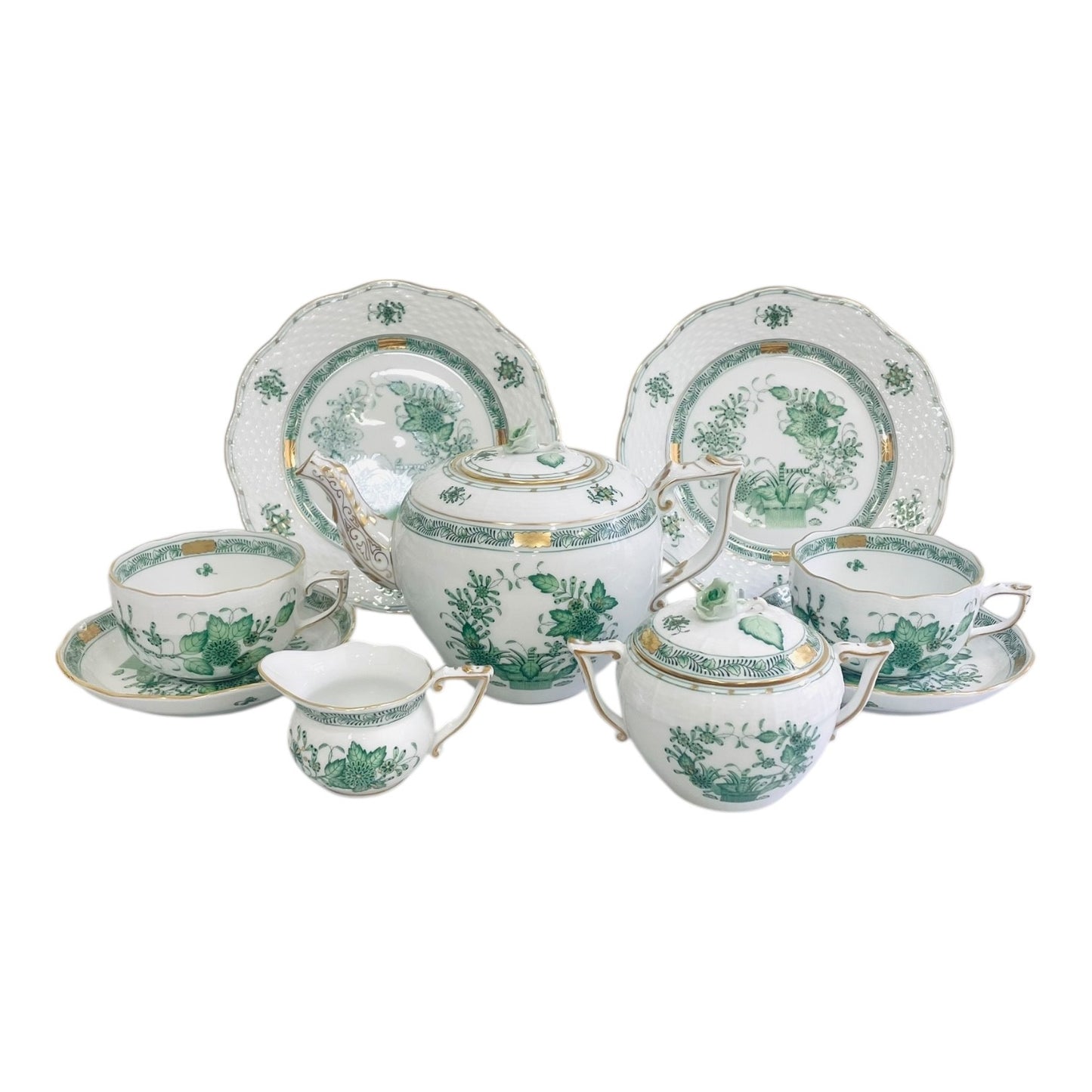 Herend Indian Flower Green, Tea Set for Two, 9 Pieces