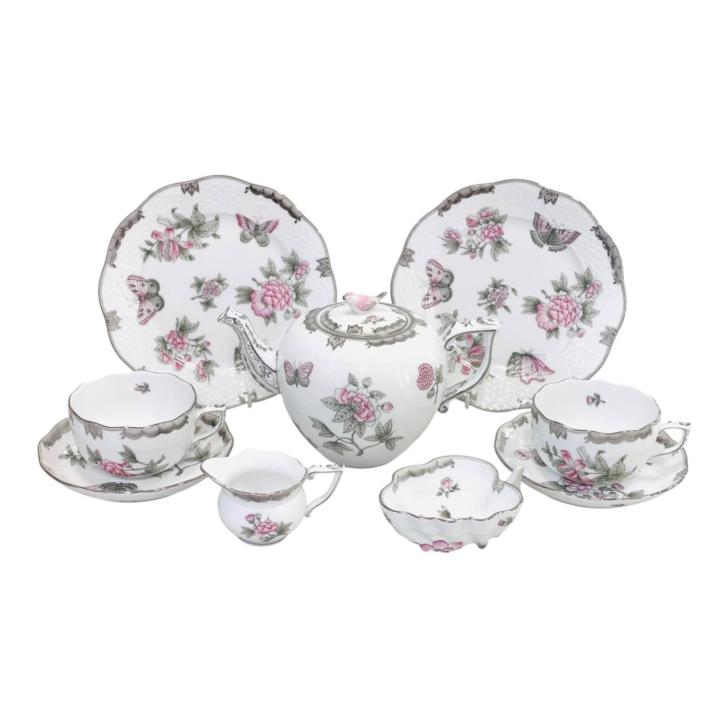 Herend Victoria Platinum Tea Set for Two, 9 Pieces + Free Gift