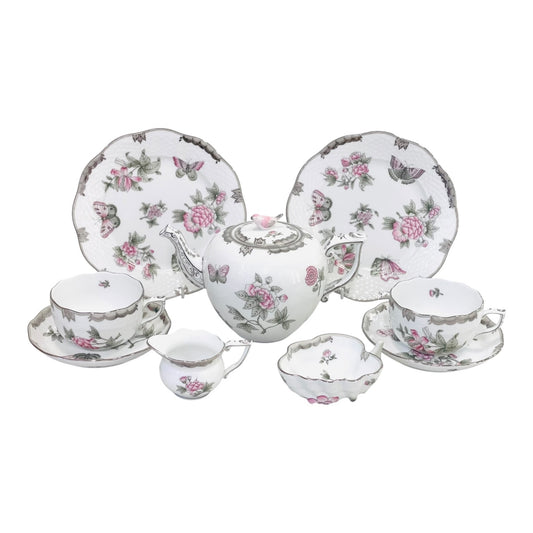 Herend Victoria Platinum Tea Set for Two, 9 Pieces + Free Gift