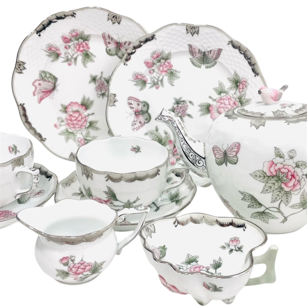 Herend Victoria Platinum Tea Set for Two, 9 Pieces + Free Gift