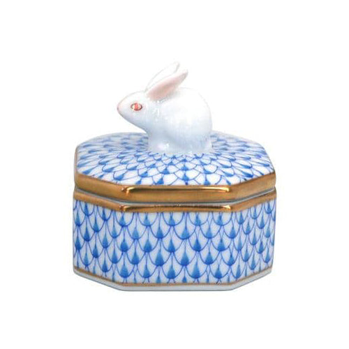 Herend Octagon Fancy Fishnet Box with Rabbit Knob - Blue