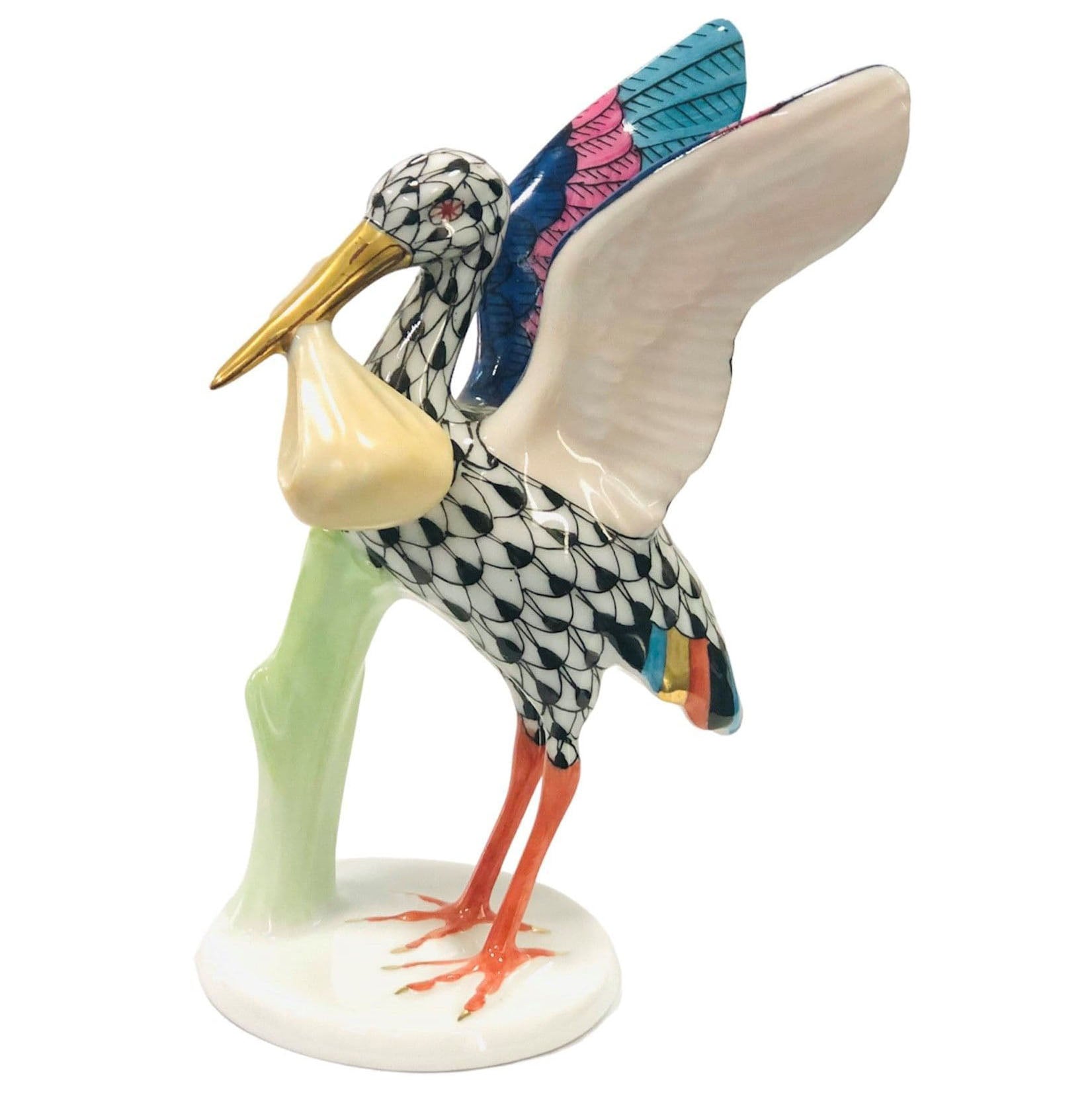 Herend Stork with Baby Fishnet Figurine